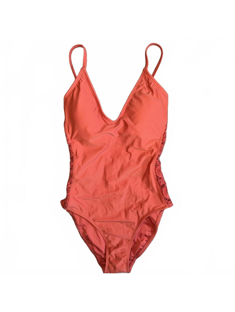 Shade & Shore Women's Orange Crochet Trim One Piece Swimsuit NWT Size Large
